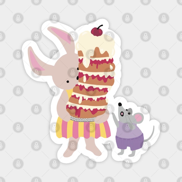 Happy Birthday , greeting card, with a rabbit holding a high cake that almost will fall Magnet by marina63