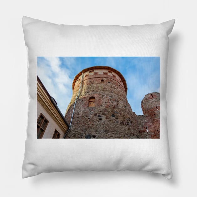 Medieval Bauska Castle courtyard with lookout tower Pillow by lena-maximova