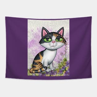 Cute Calico Kitty with purple and yellow flowers Tapestry