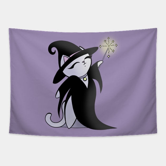 Cute Little Witch Black Cat with Wand Casting Spell Tapestry by xenotransplant