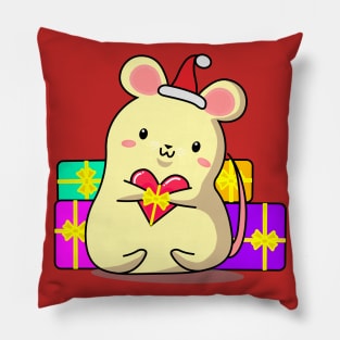 Christmas mouse in red hat with gifts Pillow