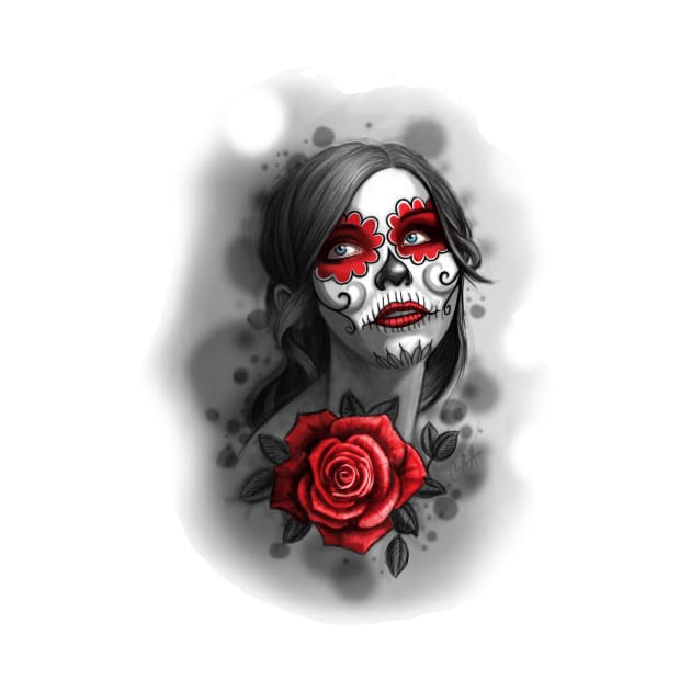 Day of the Dead Girl Red Makeup and Rose Pencil Sketch by ckandrus