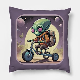 Extraterrestrial going back to school on a scooter. Pillow