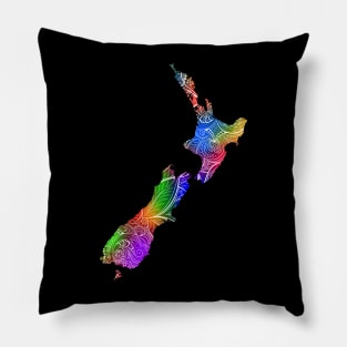 Colorful mandala art map of New Zealand with text in multicolor pattern Pillow