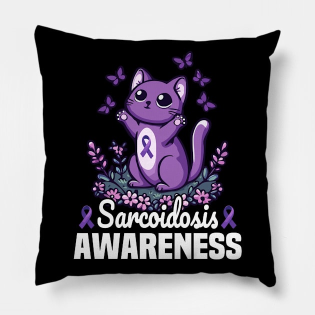 Cat And Butterflies Sarcoidosis Awareness Month Purple Ribbon Pillow by MoDesigns22 