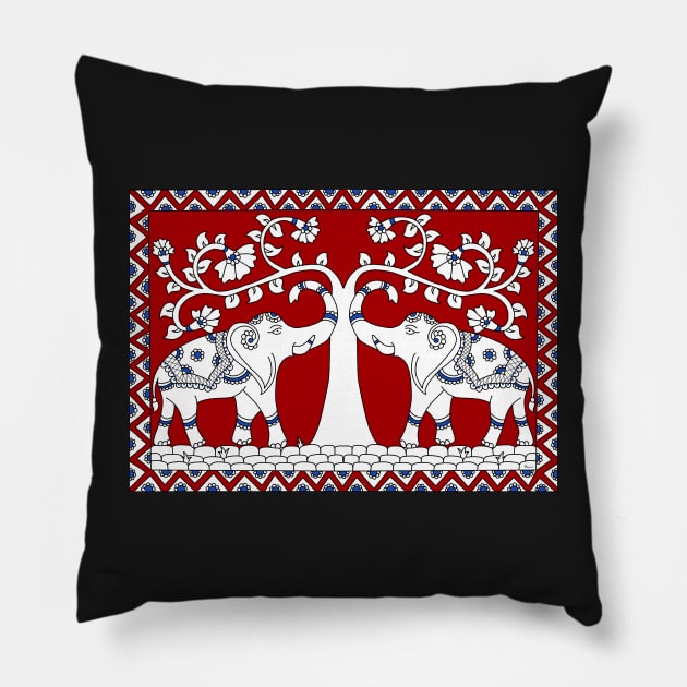 Elephants kalamkari art - Royal Indian elephants - Indian folk art Pillow by HariniArts