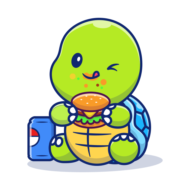 Cute Turtle Eating Burger And Soft Drink by Catalyst Labs