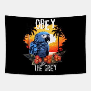 African Grey Parrot - Obey The Grey (White Lettering) Tapestry