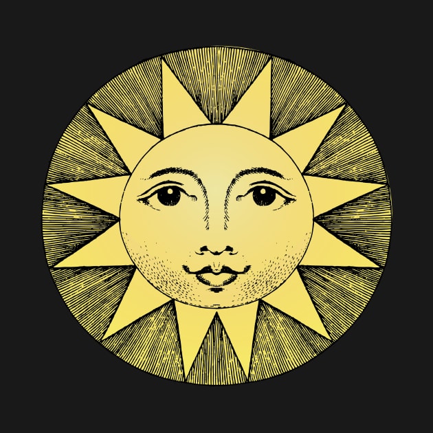 celestial yellow sun with face line drawing vintage black by opptop