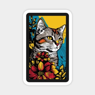 American Shorthair Cat Vibrant Tropical Flower Tall Retro Vintage Digital Pop Art Portrait Magnet