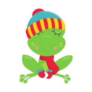 Winter Frog, Cute Frog, Green Frog, Hat, Scarf T-Shirt