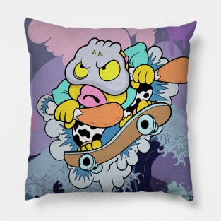 Cute slluks character fatty boy is skating on a big wave illustration Pillow