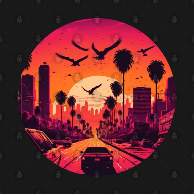 hotline miami Los Angeles cityscape at golden hour by kakamona