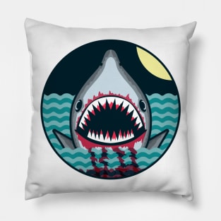 Dark night at the sea - wild shark appear Pillow