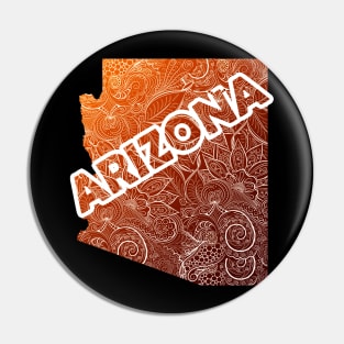 Colorful mandala art map of Arizona with text in brown and orange Pin