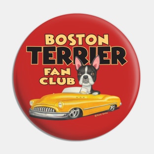 Cute Boston Terrier Dog in classic yellow car retro Boston Terrier in Yellow Classic Car Red Pin