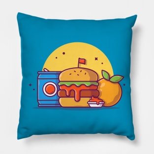 Burger with Soda, Ketchup, and Orange Fruit Cartoon Vector Icon Illustration Pillow