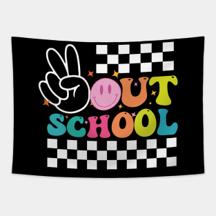 Peace Out School, Last Day of School, End of School, Retro Wavy Text, Dots Doodle Tapestry