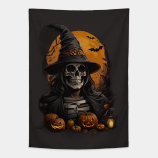 Haunted Night: Skeletons, Pumpkins, Skulls, and Bats Halloween Design Tapestry