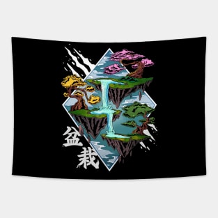 Mystical Serenity: Japanese Bonsai Enchantment on Floating Isles Tapestry