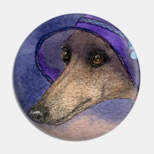 Whippet of Mystery Greyhound dog in fabulous hat with blue flowers Pin