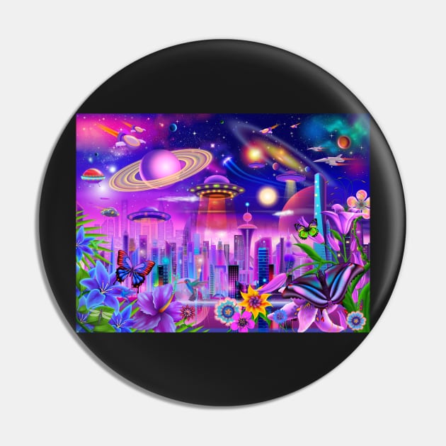 Cosmic City Lights Pin by GeraldNewtonArt