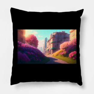 City street with beautiful flowers Pillow