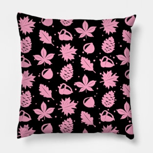 Pink Graphic Nature Pattern on Black Background Pillow