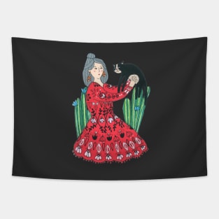 Girl, Cat and Cactuses Tapestry