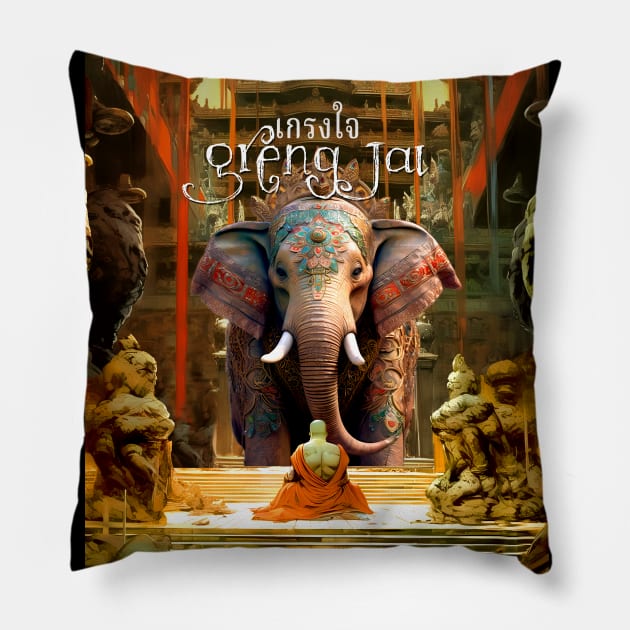 Greng Jai: Thai Politeness; Afraid to Offend on a Dark Background Pillow by Puff Sumo