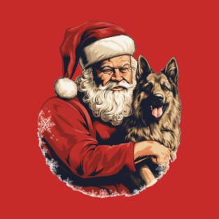 Merry Christmas Retro Santa Claus Hug German Shepherd Puppy T-Shirt