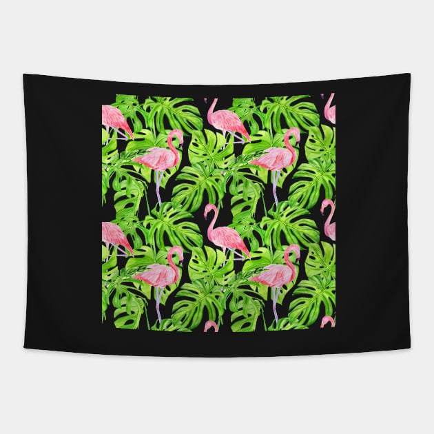 Tropical Pattern Flamingos & Pink Flowers Tapestry by CeeGunn