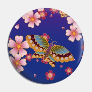 Japanese Butterflies Amid Sakura Blossoms (Blue & Purple) Pin