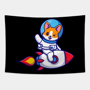 Cute Corgi Dog Astronaut Riding Rocket And Waving Hand Cartoon Tapestry