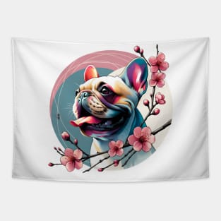 Joyful French Bulldog with Spring Cherry Blossoms Tapestry