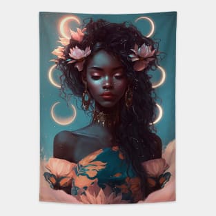 Aesthetic Beautiful Black Woman Moon Phase Tapestry