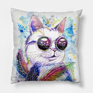 Cat in space glasses with feathers Pillow