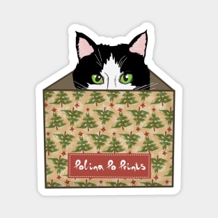 Christmas gift with cat in a box. Funny cat. Christmas print. Magnet