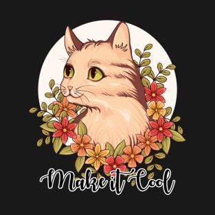 Make It Cool, Hand-Drawn Cute Cat with Floral T-Shirt