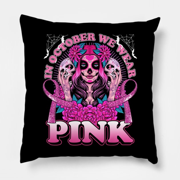 In October We Wear Pink Breast Cancer Awareness Skull Pillow by peskyrubeus