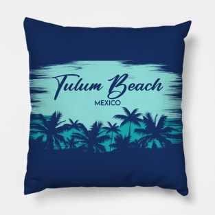 Tulum Beach Mexico Retro Beach Landscape with Palm Trees Pillow