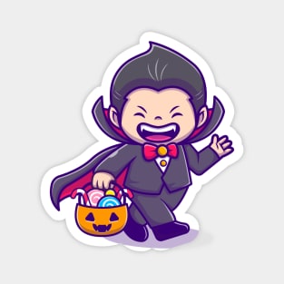 Cute Dracula Holding Pumpkin Basket With Candy Cartoon Magnet