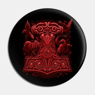 Viking Thors Raven Hammer Norse Red Mjolnir Pagan Ravens Pin