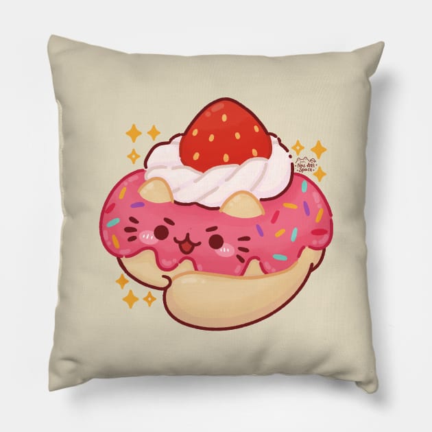 Cute Cat Strawberry Donut Pillow by Nas.ArtSpace