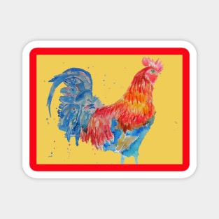 Rooster Chicken Watercolor Painting on Yellow Magnet