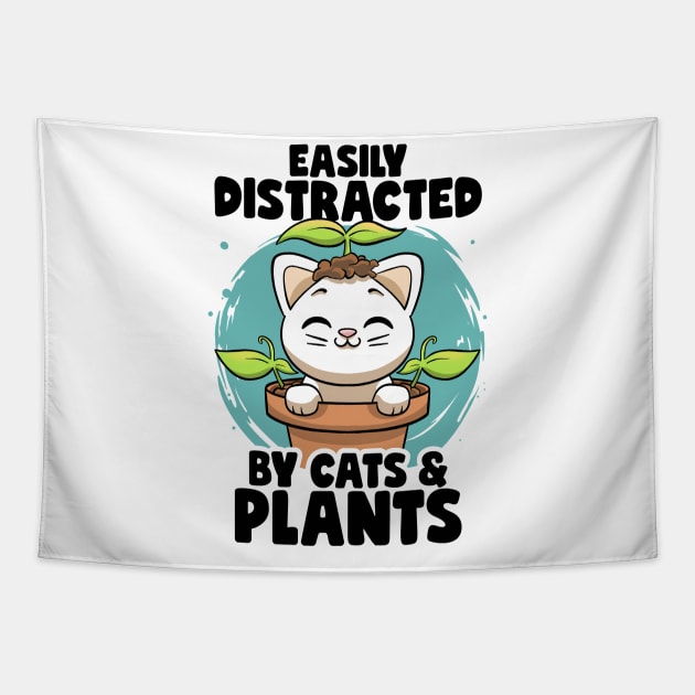 Easily Distracted By Cats & Plants Gardening Garden Botanic Tapestry by MerchBeastStudio