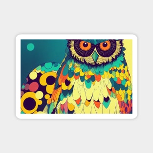 Colorful Owl Portrait Illustration - Bright Vibrant Abstract Colors Bohemian Style Feathers Psychedelic Bird Animal Rainbow Colored Art Magnet