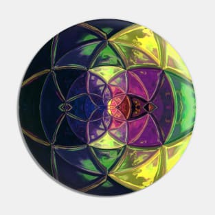 Mosaic Kaleidoscope Flower Purple Green and Yellow Pin