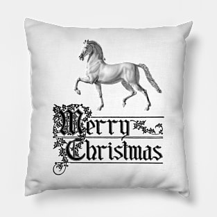 Horse with Merry Christmas Typograph. Vintage Print Pillow