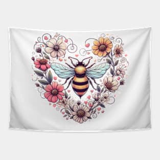 A buzzing bee surrounded by heart-shaped flowers, Bee My Valentine Tapestry